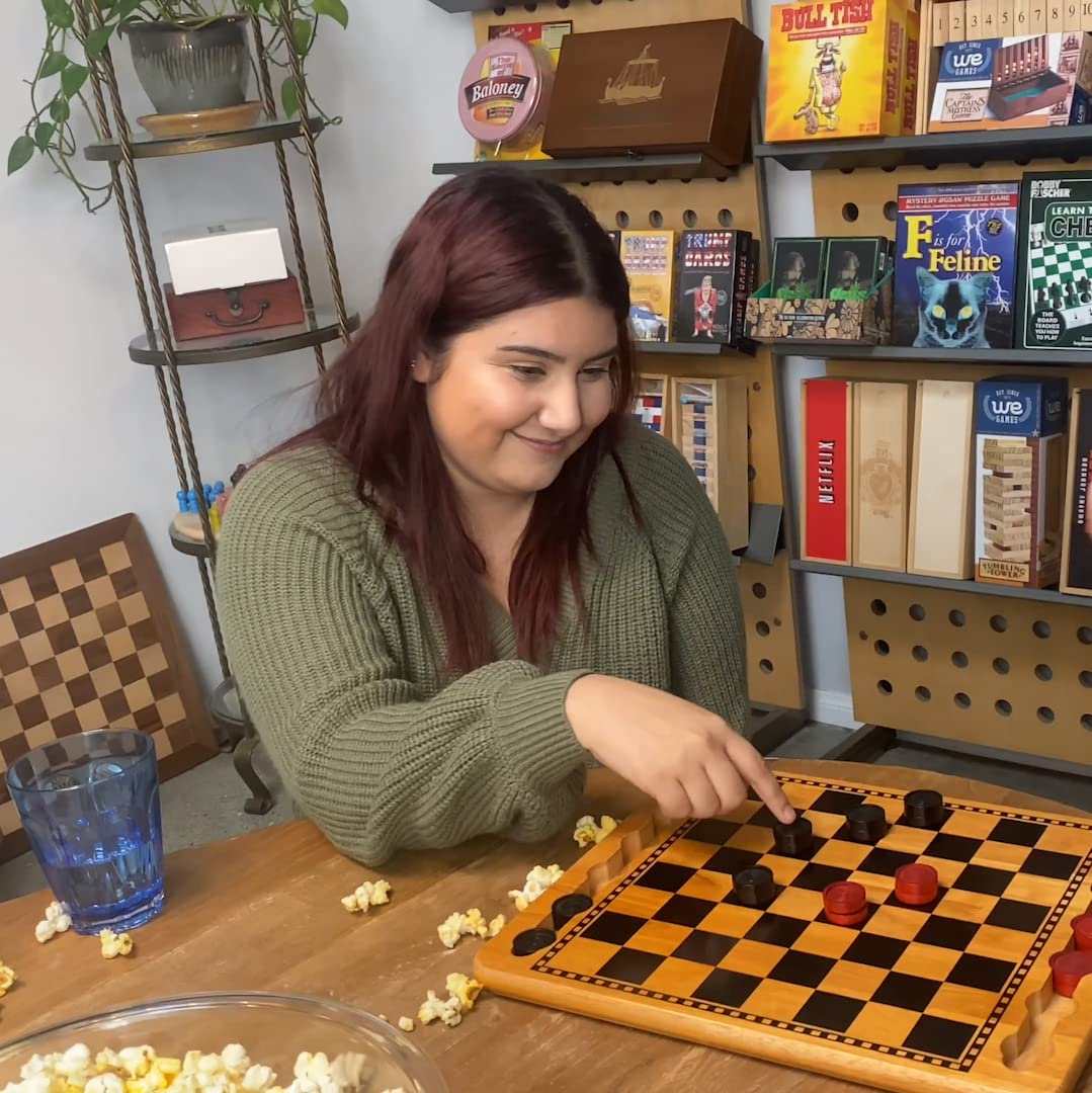 We Games Solid Wood Checkers Board Game – 14.5-Inch Vintage Checkers Set With Inset Grooves & 24 Red & Black Board Game Pieces – Fun Family Table Game