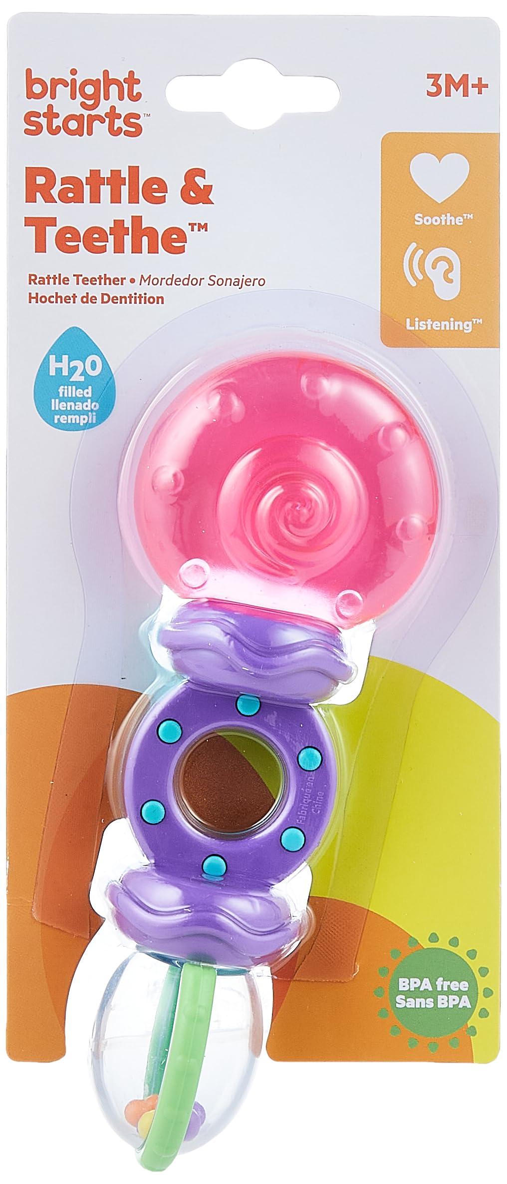 Bright Starts Rattle and Teethe Baby Teether, Silicone, 1 Count, Chillable, Pretty in Pink, Model 8836, Ages 3 Months +