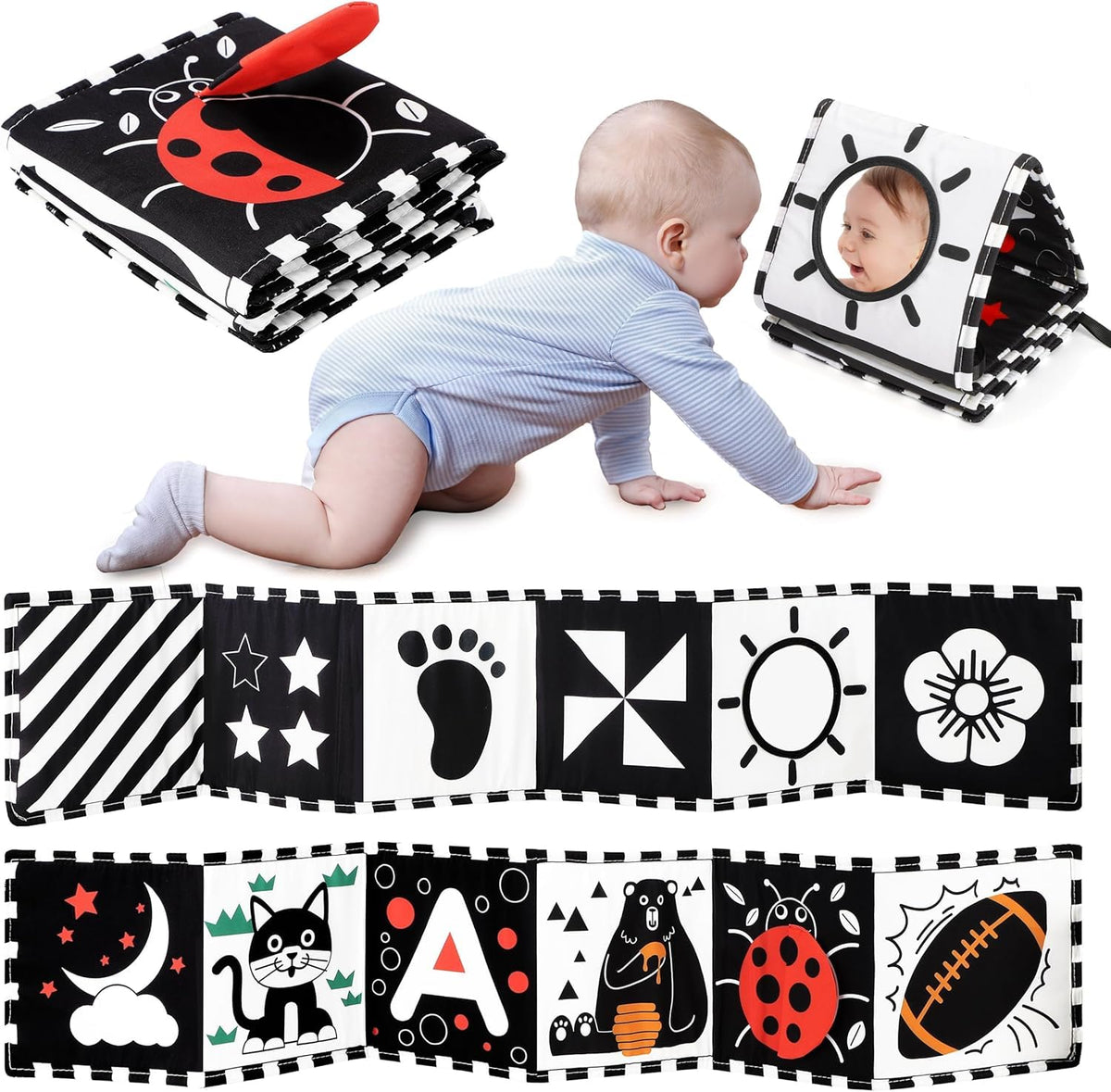 Tummy Time Book For Infants With High Contrast Sensory Cloth Crinkle Toy, Touch And Feel Activity Book For Newborn 06 Months & 
