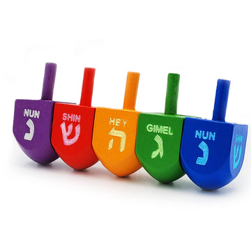 The Dreidel Company Wood Multi-Colored Dreidels Medium Sized Hanukkah Draydels With English Transliteration - (Pack Of 4)