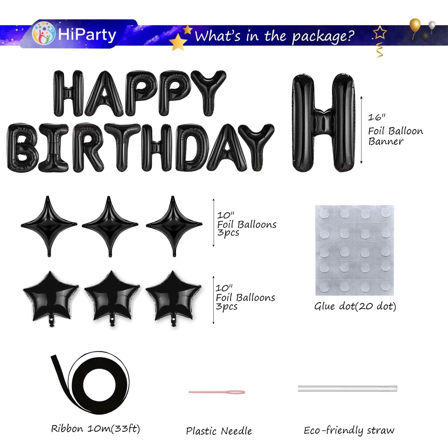 Black Happy Birthday Balloons Banner, 3D Mylar Foil Letter Birthday Balloons With 6Pcs Star Balloons, Birthday Party Decorations