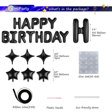 Black Happy Birthday Balloons Banner, 3D Mylar Foil Letter Birthday Balloons With 6Pcs Star Balloons, Birthday Party Decorations