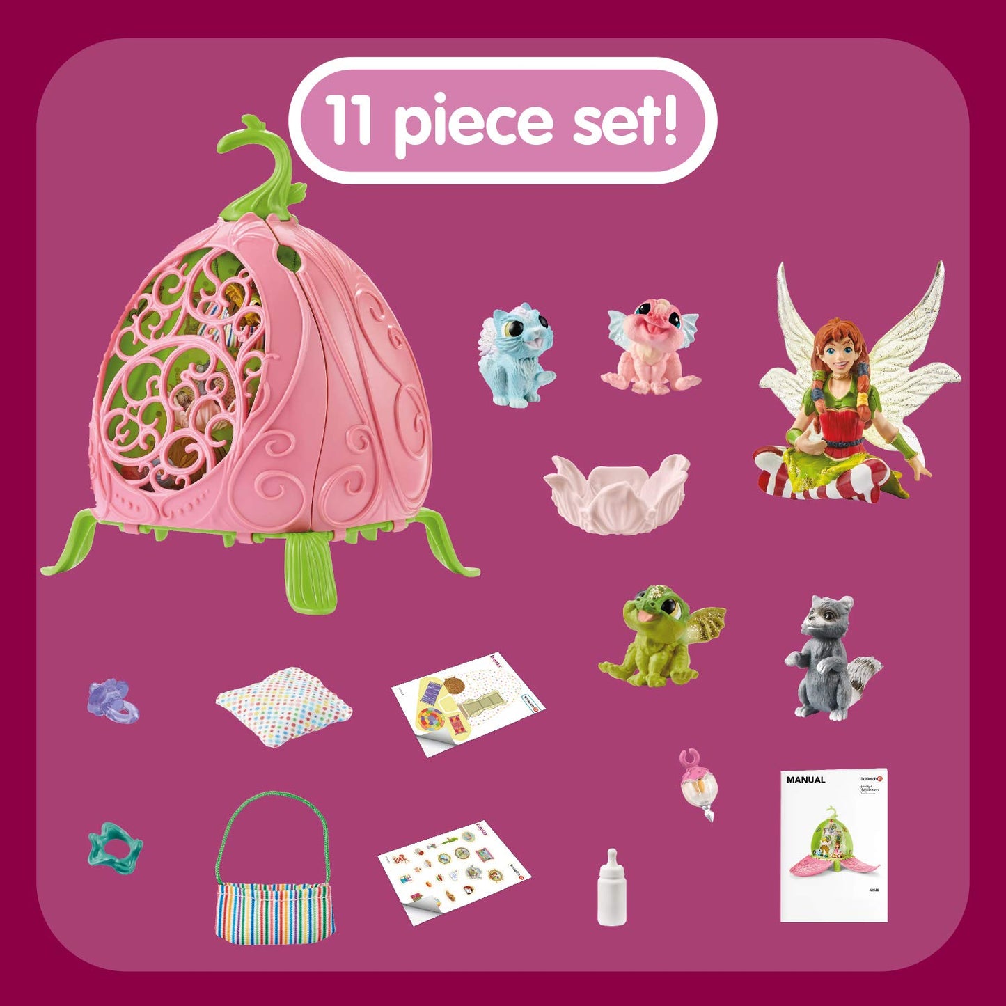Schleich bayala, 11-Piece Playset, Fairy Toys for Girls and Boys 5-12 years old, Marween's Animal Playschool