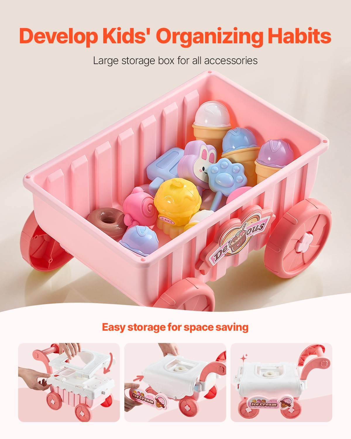 VEVOR Ice Cream Cart for Kids, 27 PCS Accessories, Pretend Play Store with Storage Trolley, Sound & Light Effects, Montessori Ed