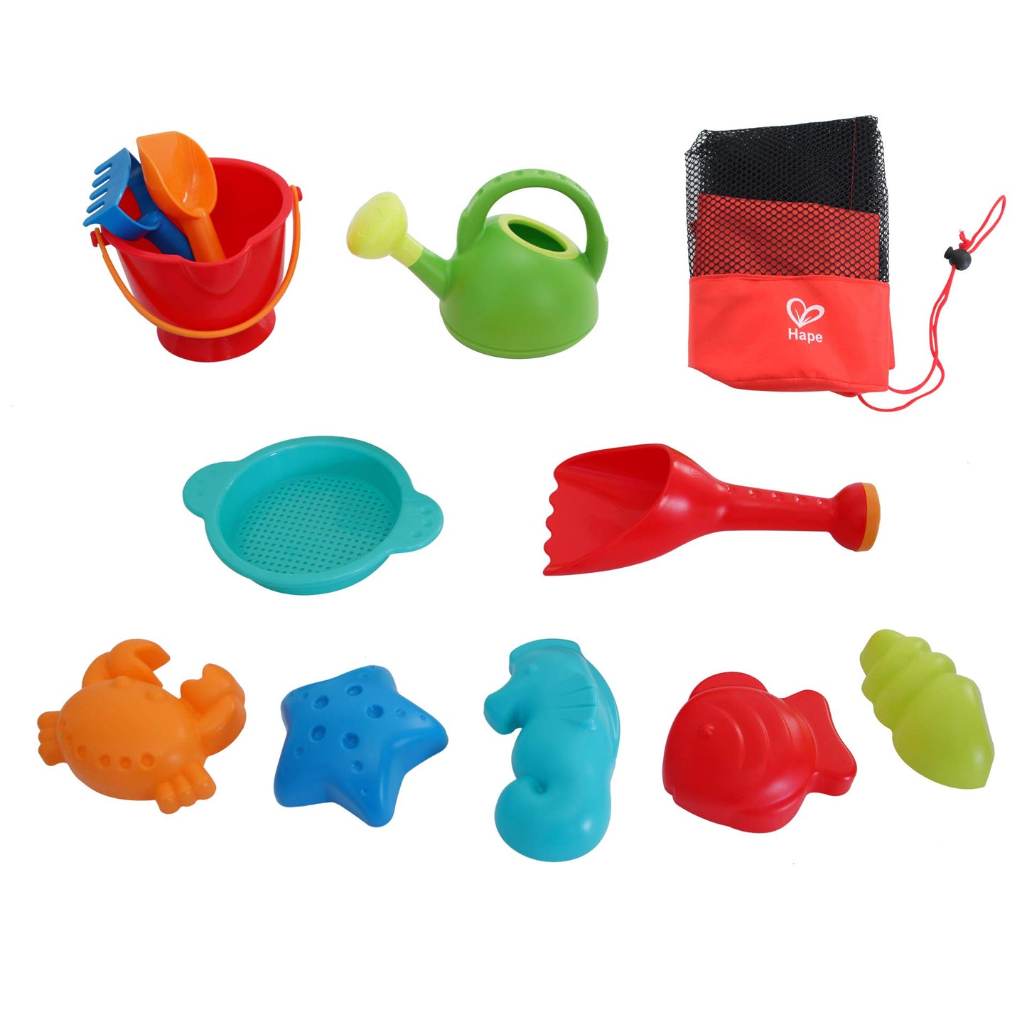 Hape Beach Toy Essential Set - Small Red Sand Toy Pack with Mesh Bag for Outdoor Fun