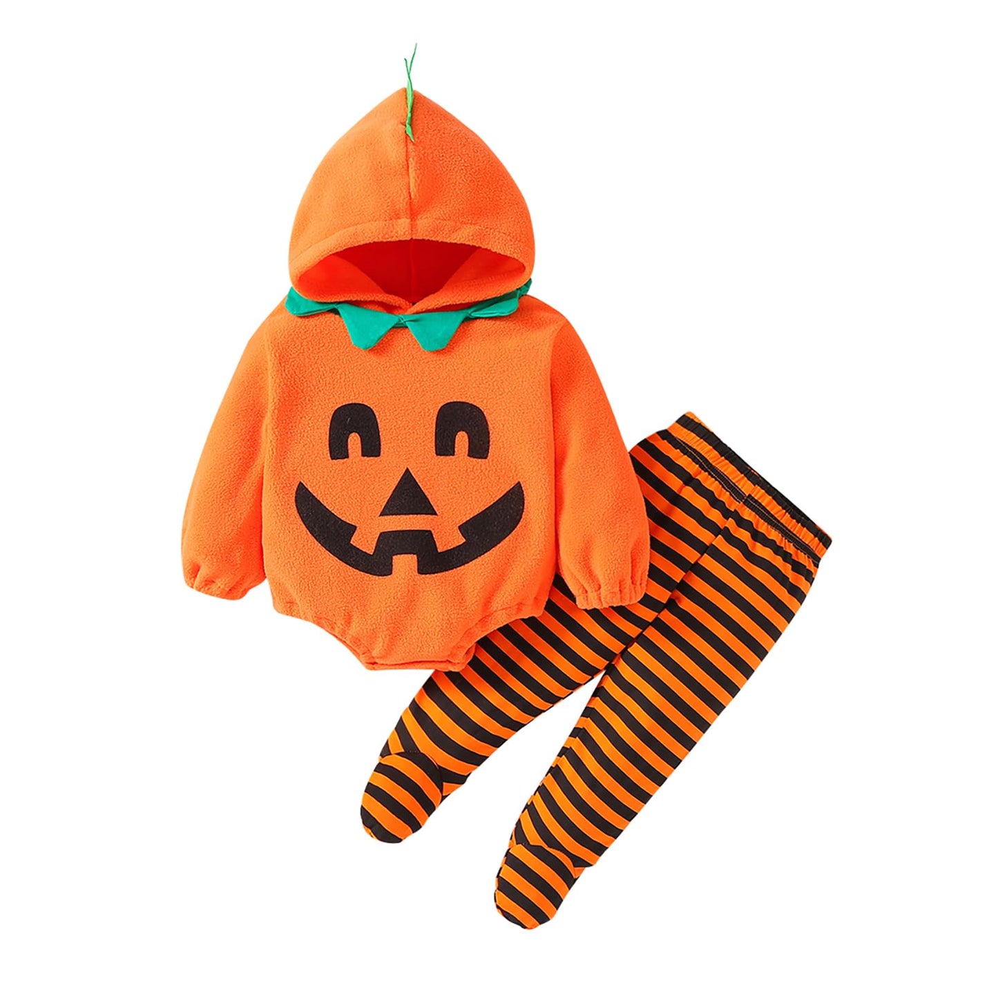 WOLBAY 2Pcs Infant Halloween Pumpkin Costume Set, Fleece Hoodie Romper & Cotton Pants, 3-6 Months, Orange-A for Baby Boy Girl