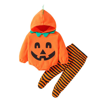 Wolbay 2Pcs Newborn Infant Baby Boy Girl Fleece Halloween Pumpkin Costumes Hoodie Romper Onesie Cotton Pants Outfit (6-12 Months