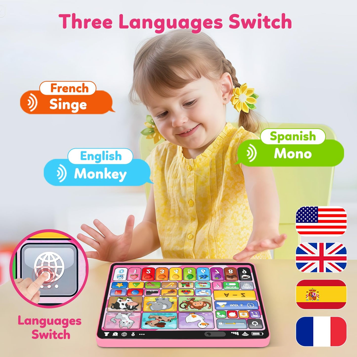 Peacurh Trilingual Learning Toy Tablet, Musical Plastic, Medium Size, Pink, Model 35847M, Montessori Speech Therapy Toy for Ages 1-3