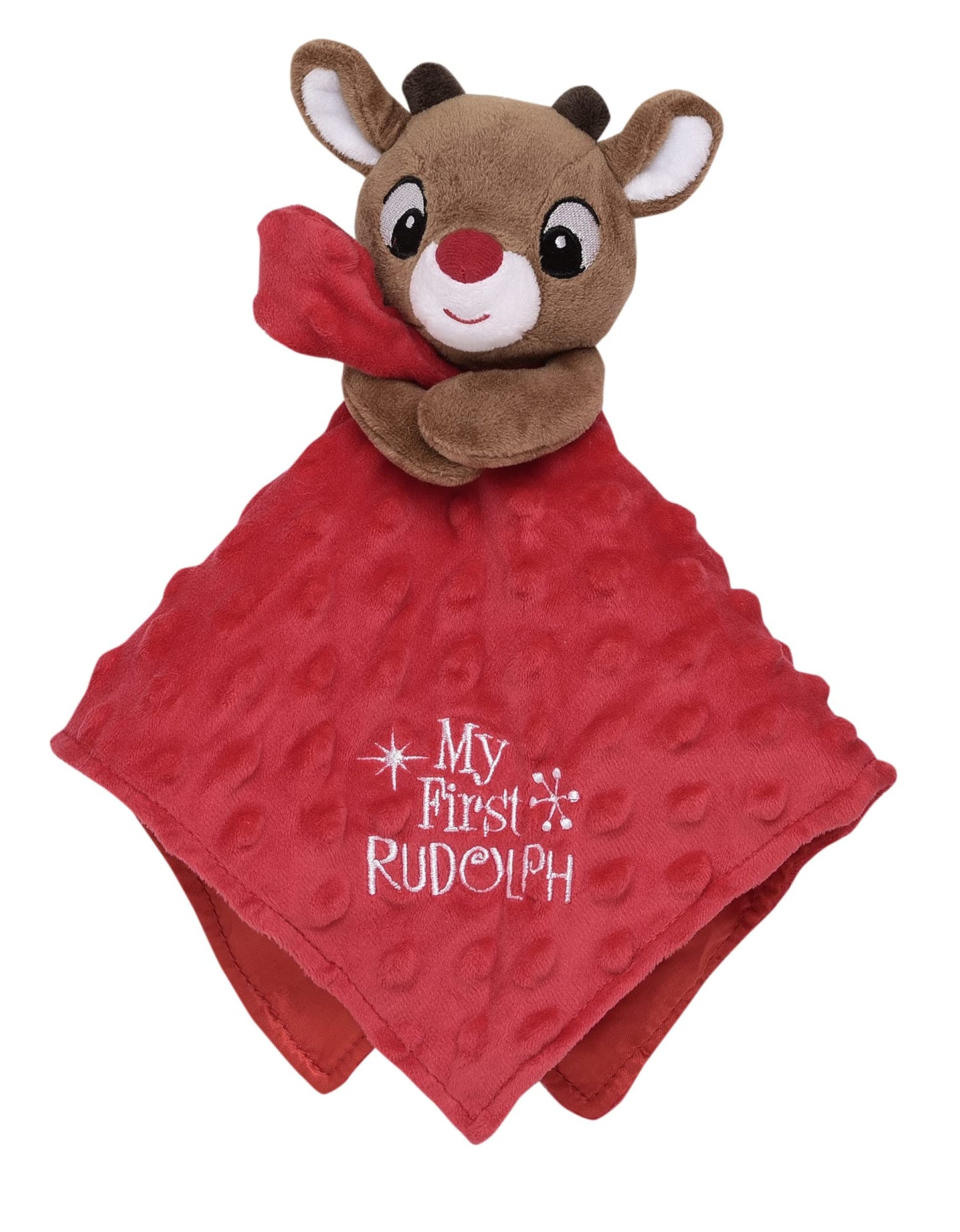 Baby Plush Rattle Snuggle Blanket With Satin And Embroidery, My First Rudolph (Red, 12 Inch)
