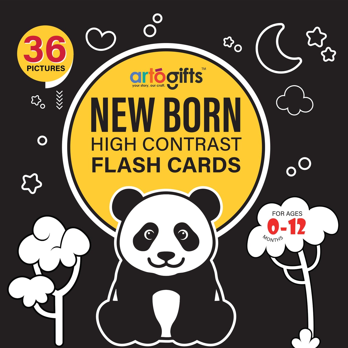 Artogifts Newborn High Contrast Flash Cards For Babies 012 Months | Black & White Visual Stimulation Sensory Cards | 36 Educati