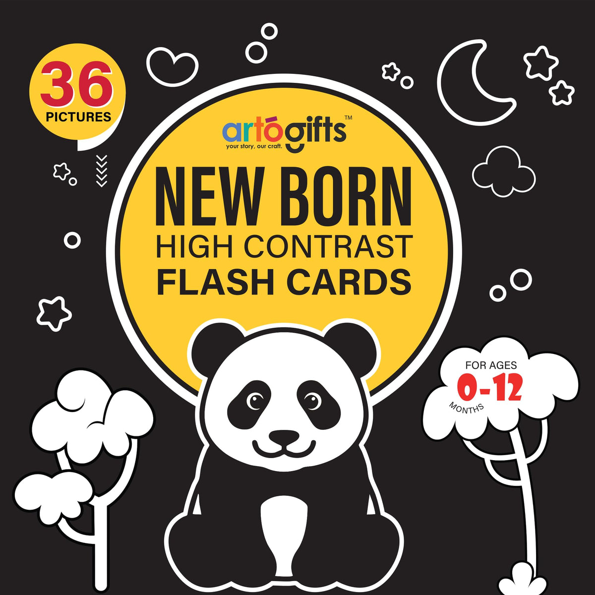 Artogifts Newborn High Contrast Flash Cards For Babies 012 Months | Black & White Visual Stimulation Sensory Cards | 36 Educati