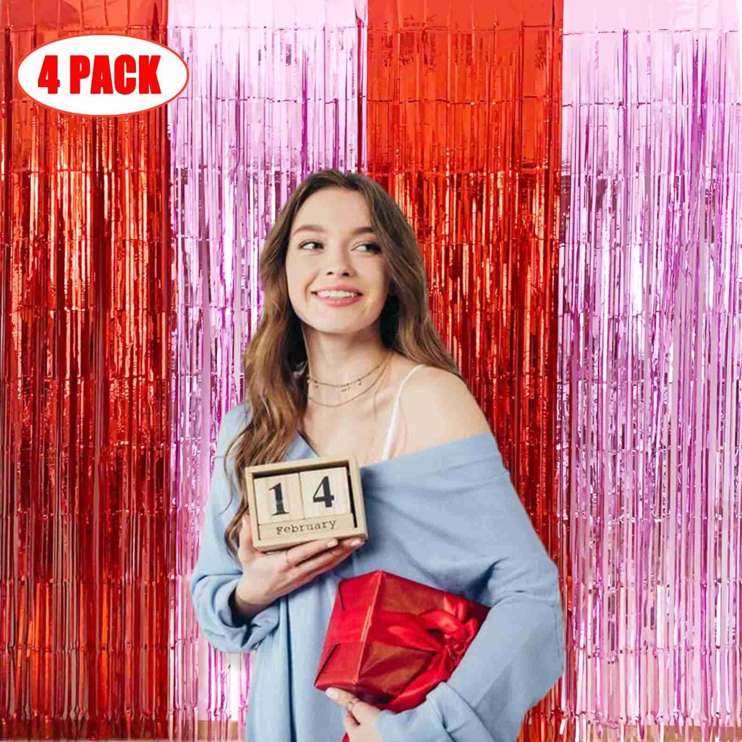 EUFARS Valentines Day Party Decorations - 4 Pack of 3.2x8.2ft Red Pink Foil Fringe Curtains Streamers Backdrop for Birthday Gale
