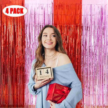 EUFARS Valentines Day Party Decorations - 4 Pack of 3.2x8.2ft Red Pink Foil Fringe Curtains Streamers Backdrop for Birthday Gale