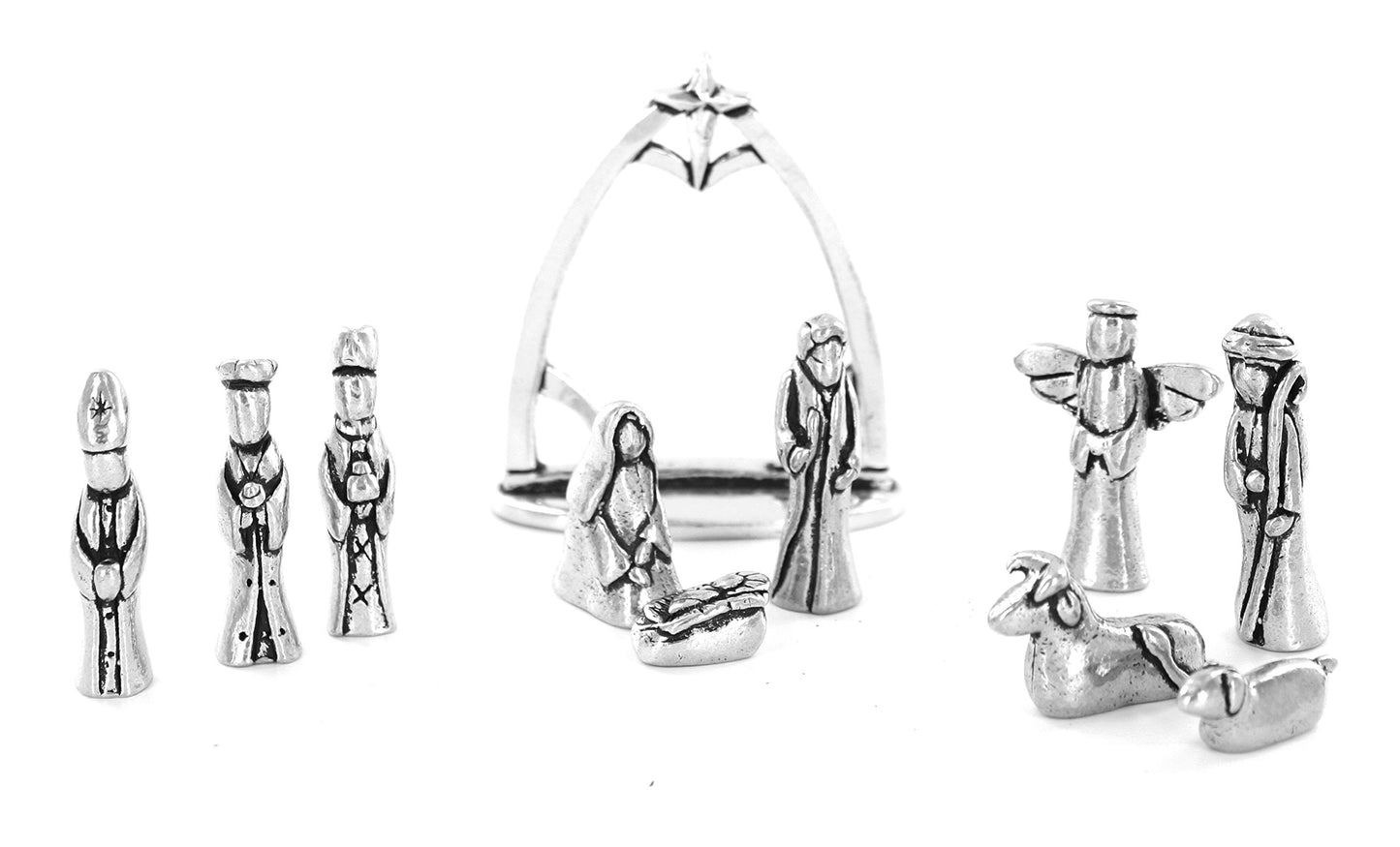 Nativity Set With Chreche Mini Pewter Figurine 11 Pc Set With Velvet Pouch