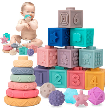 Umyqaq Baby Toys 6-12 Months, 3 In 1 Montessori Toys For Babies 6-12 Months, Incl Stacking Building Blocks & Soft Infant Teethin