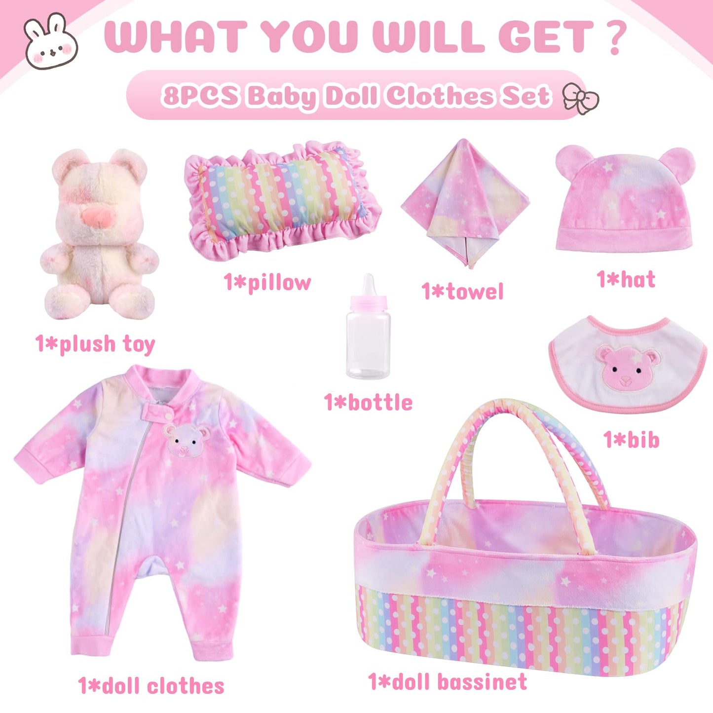 Babeside 8 Pcs Reborn Baby Doll Clothes With Bassinet For 17-22 Inch Babydolls, Reborn Baby Doll Accessories Fit Newborn Baby Do