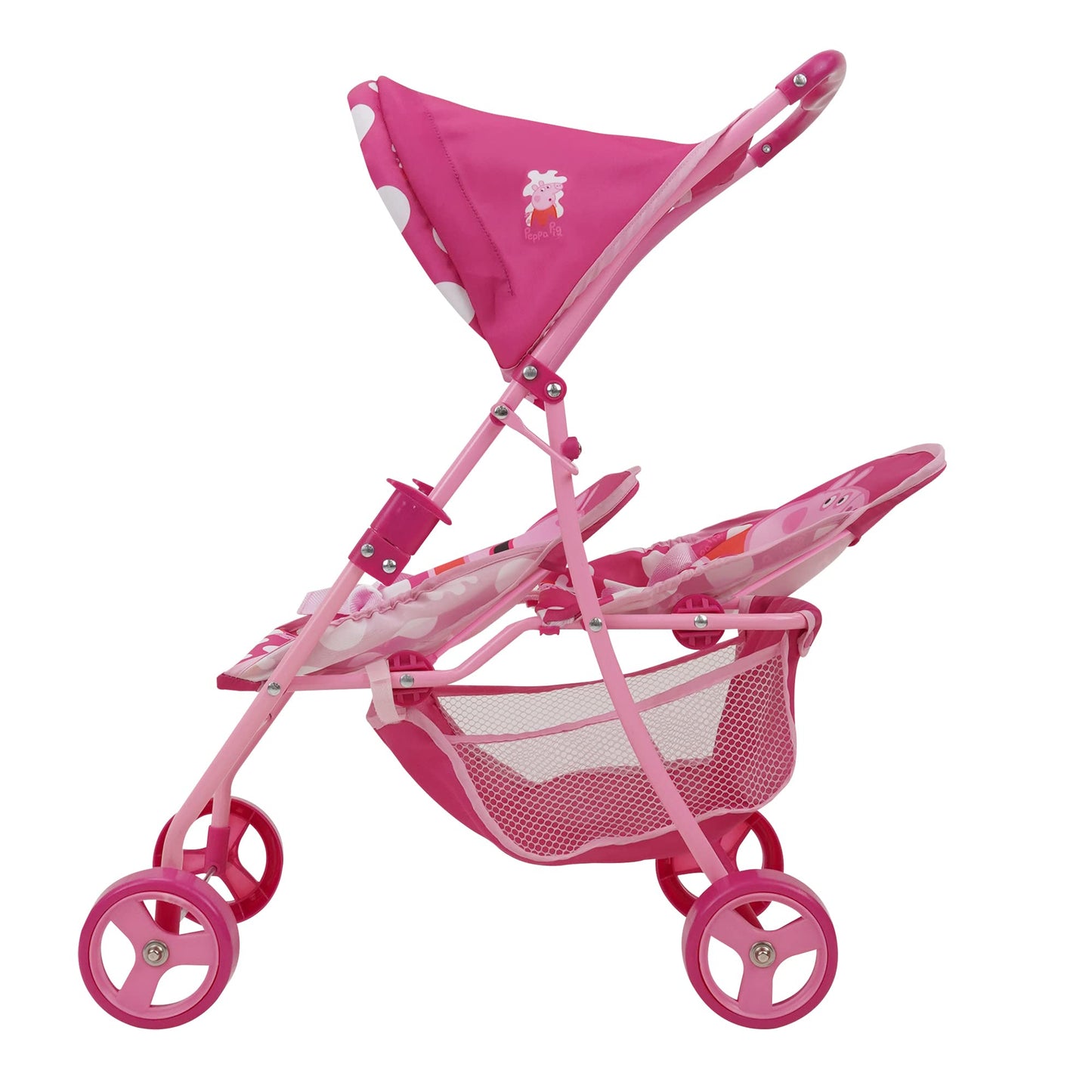 Peppa Pig: Doll Twin Stroller - Pink & White Dots - Fits Dolls Up To 24, Retractable Canopy, Easy to Fold for Storage & Travel,