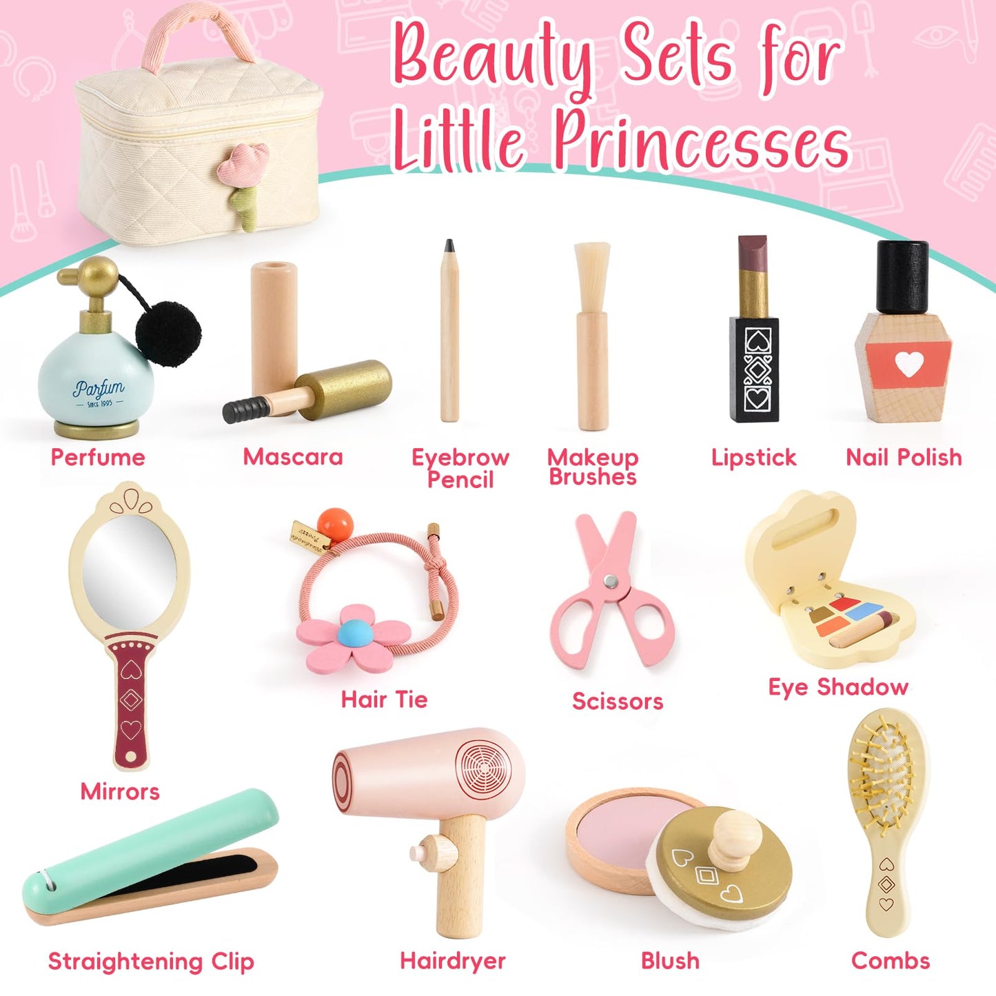 Atoylink Wooden Makeup Toy Set, 15Pcs Hair Salon Girl Toys Toddler Pretend Play Makeup Kit with Plush Makeup Bag Princess Beauty