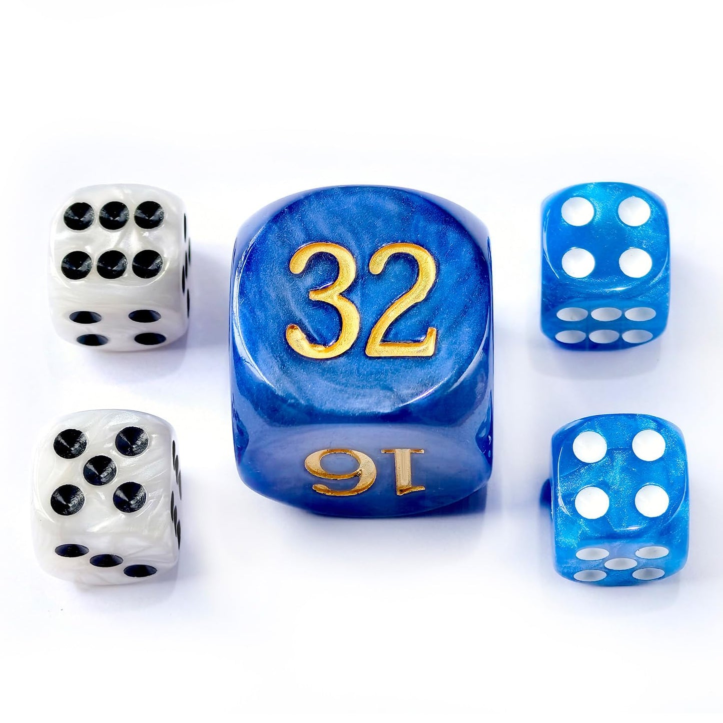 5pcs Set 30MM Backgammon Pearl Dice Set - 30MM (1 3/16'') Large Backgammon Doubling Cube Plus 4pcs 16MM Dice (Blue/White Marblei