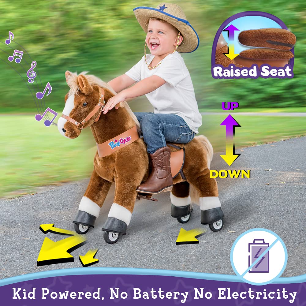 Ponycycle Official Ride-On Horse No Battery No Electricity Mechanical Pony Brown With White Hoof Giddy Up Pony Plush Walking Animal Size 4 For Age 4-8 Years - Ux424