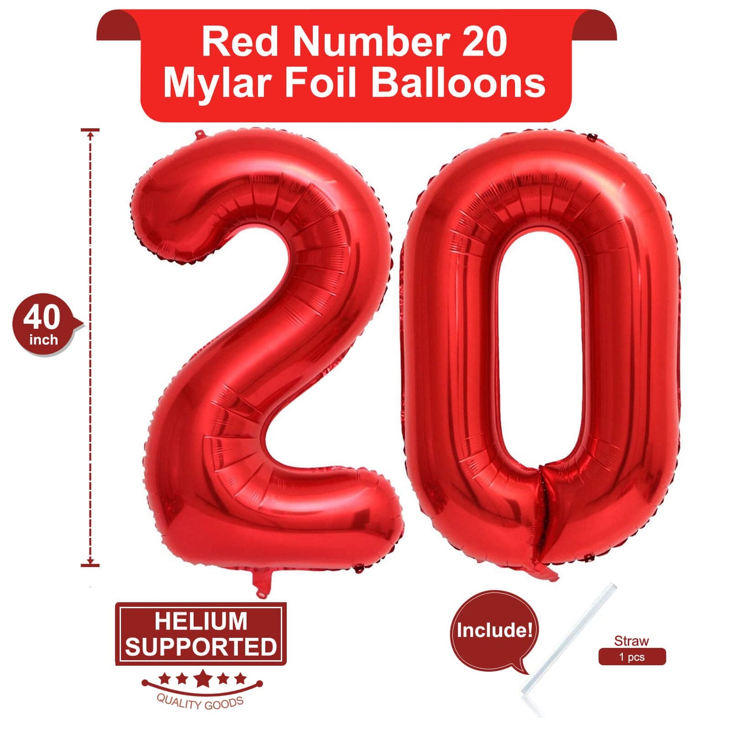 40 Inch Red 20 Number Balloons Giant 20 Balloons Red Birthday 20 Balloons 20Th Birthday Anniversary Party Decorations Supplies