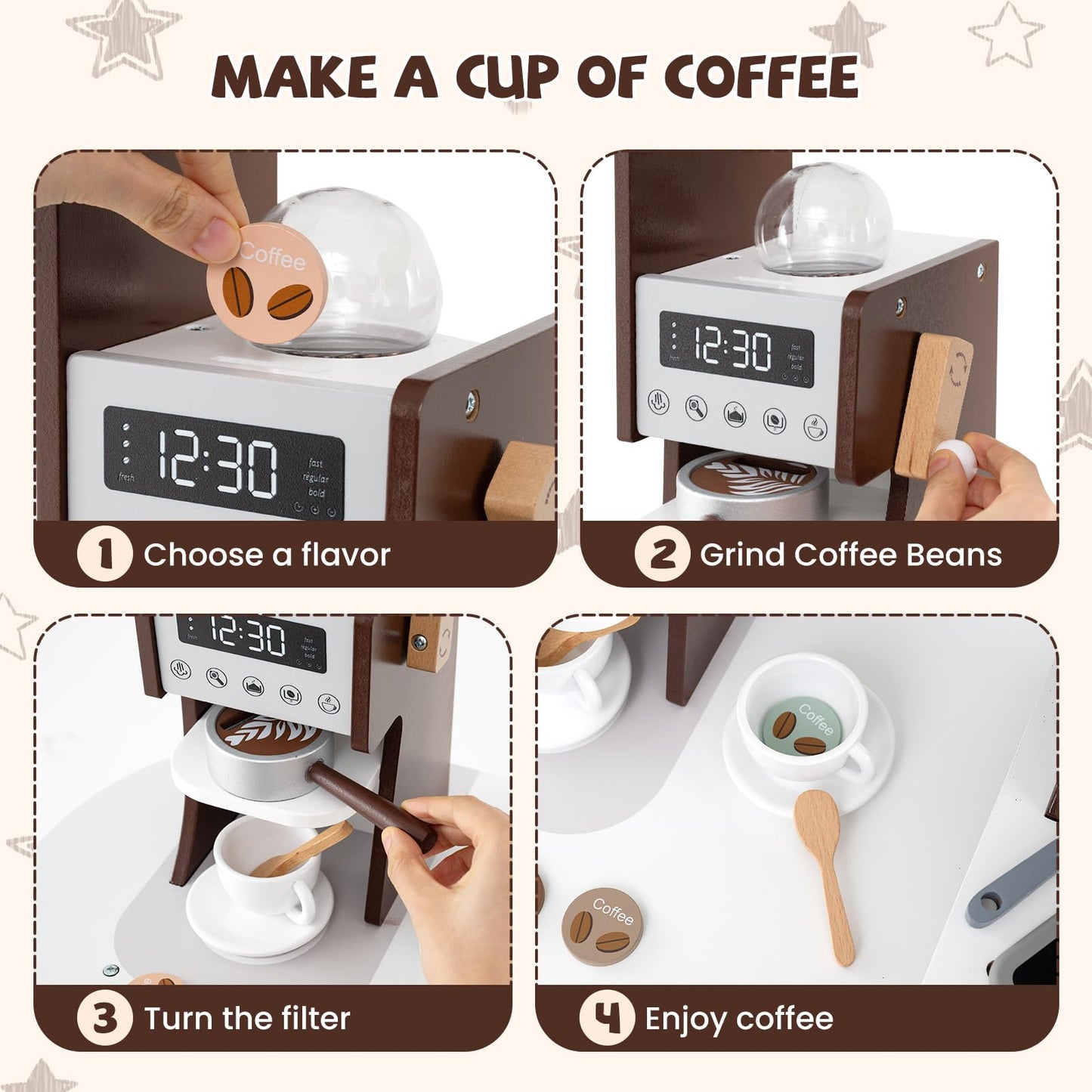 HONEY JOY Corner Play Kitchen, Toddler Wooden Toy Kitchen Set w/Lights, Coffee Maker, Microwave, Sink, Faucet, Little Chef Prete