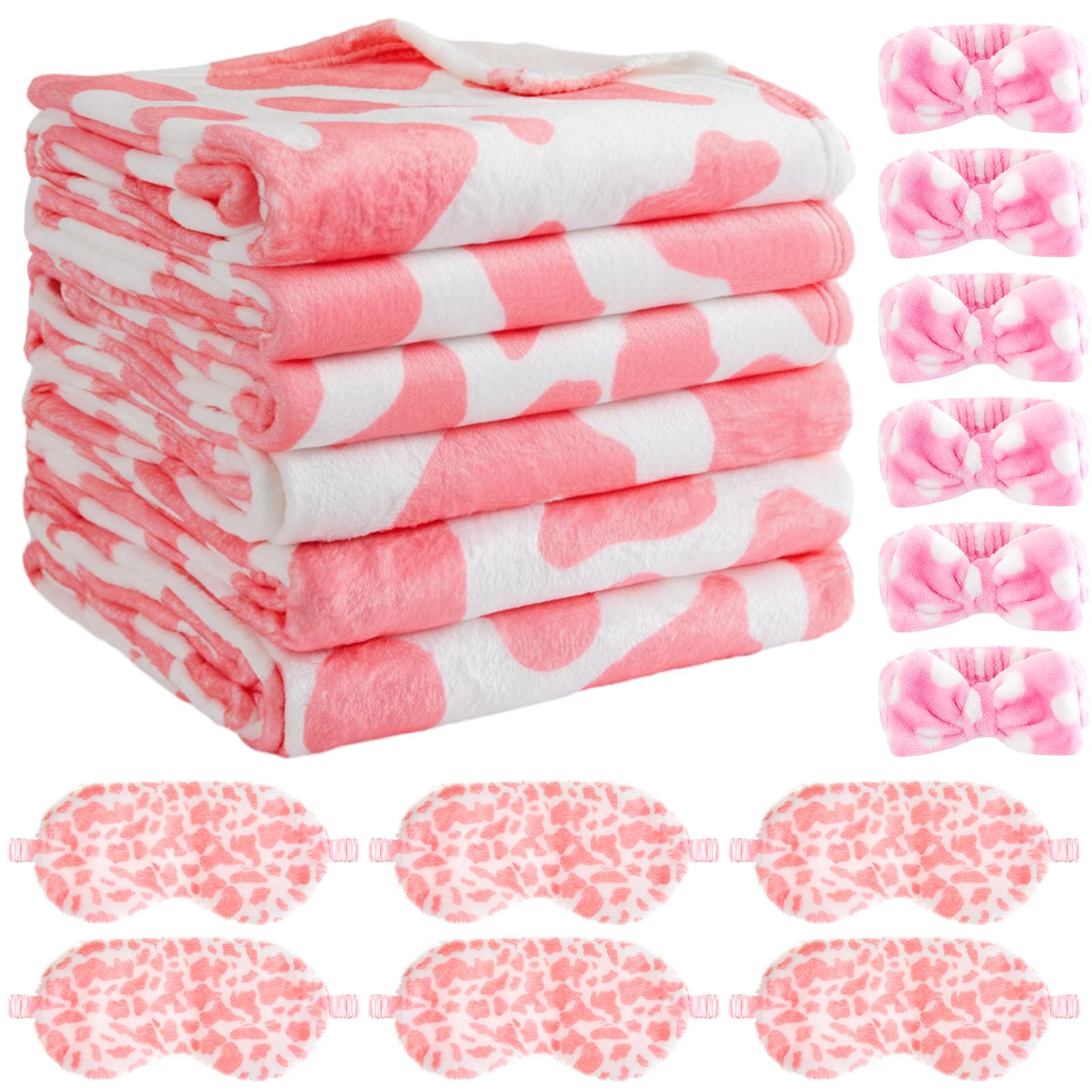 Fanfanwin 18 Pcs Sleepover Party Supplies for Girls, 6 Style Cute Pink Spotted Blanket 6 Coral Fleece Spa Headband 6 Plush Pink 