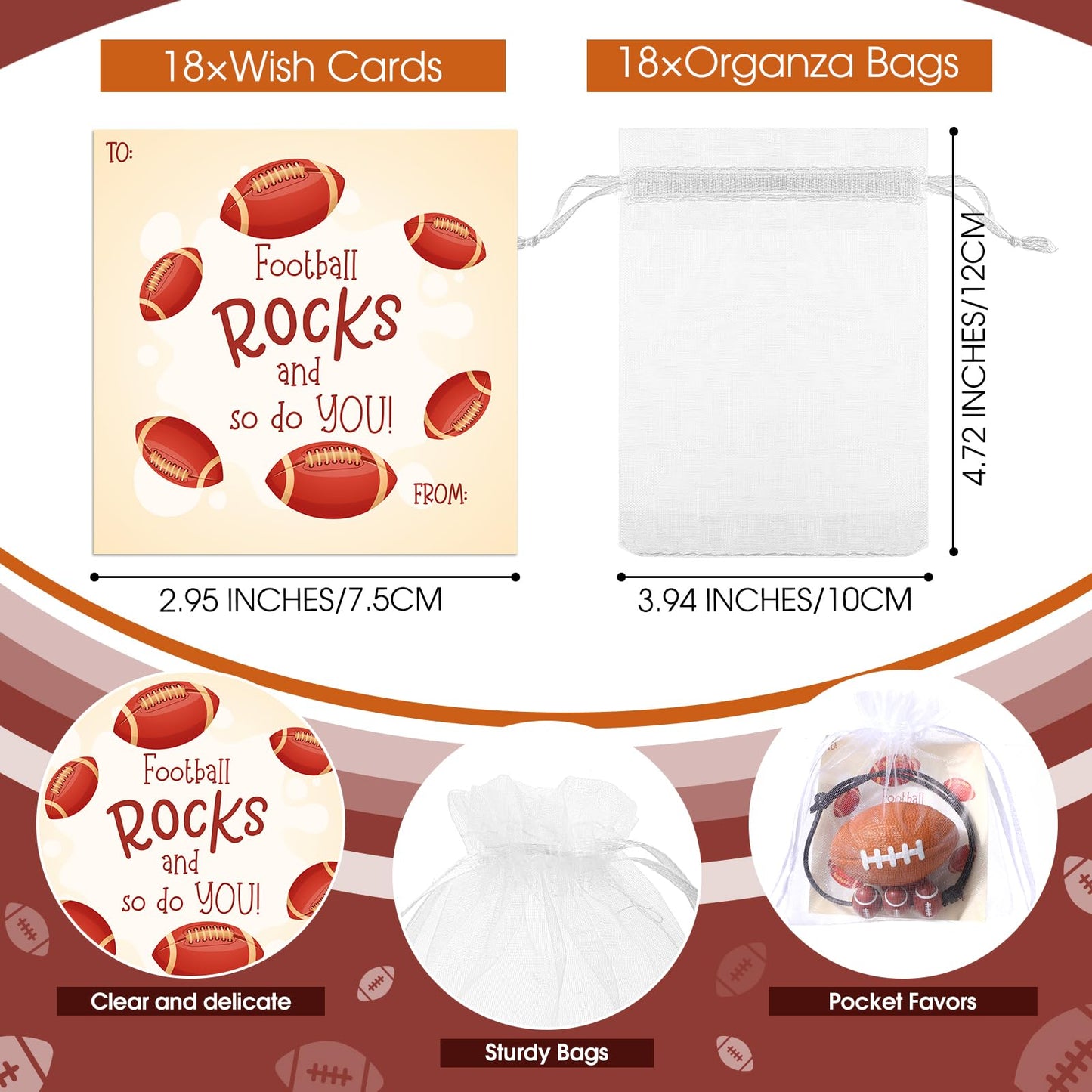 Foilswirl 18 Sets Valentines Day Football Gifts Mini Stress Balls Bracelets with Cards Football Team Gifts Party Favors for Val