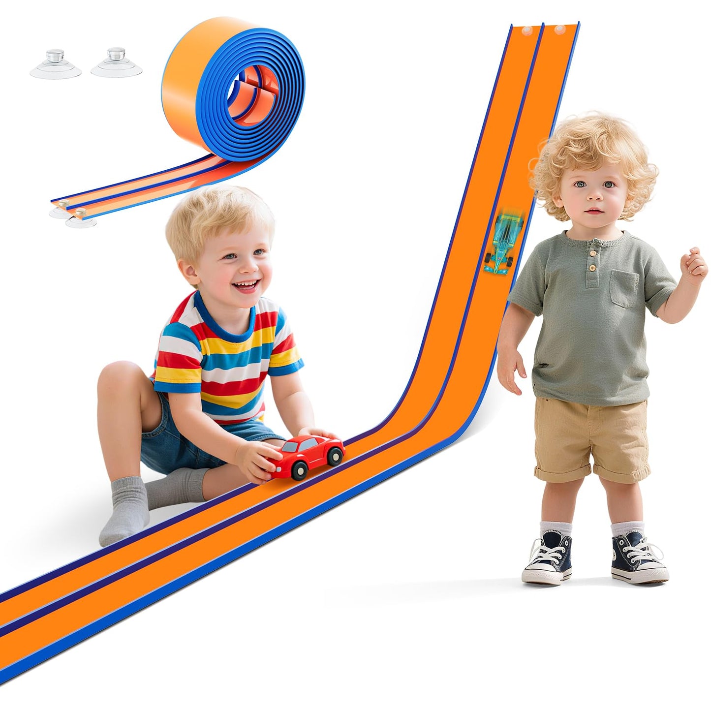 15 Ft Flexible Race Track for Kids - Portable Car Race Track Starter Set with Suction Cups  Rolls Up Easy  Compatible with 1/64 Diecast Cars  Birthday Gift for Boys & Girls Ages 3+ (Orange&Blue)