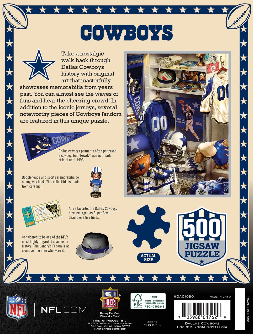 MasterPieces Game Day 500 Piece Jigsaw Puzzle for Adults - NFL Dallas Cowboys Locker Room - 15x21