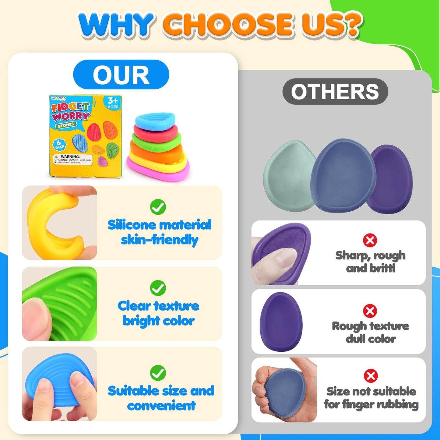 Fidget Toys Sensory Stone For Kids: Silicone Textured Worry Stones For Autism Kids - Quiet Fidgets For Students Anxiety Relief - Classroom Prizes Sensory Toys - Easter Basket Stuffers Egg Fillers