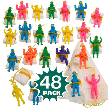 Kicko Mini Vinyl Paratroopers - 48 Pack Parachute Men - Assorted Colors Cool Airborne Army Guy Action Figures - for Kids, Boys,