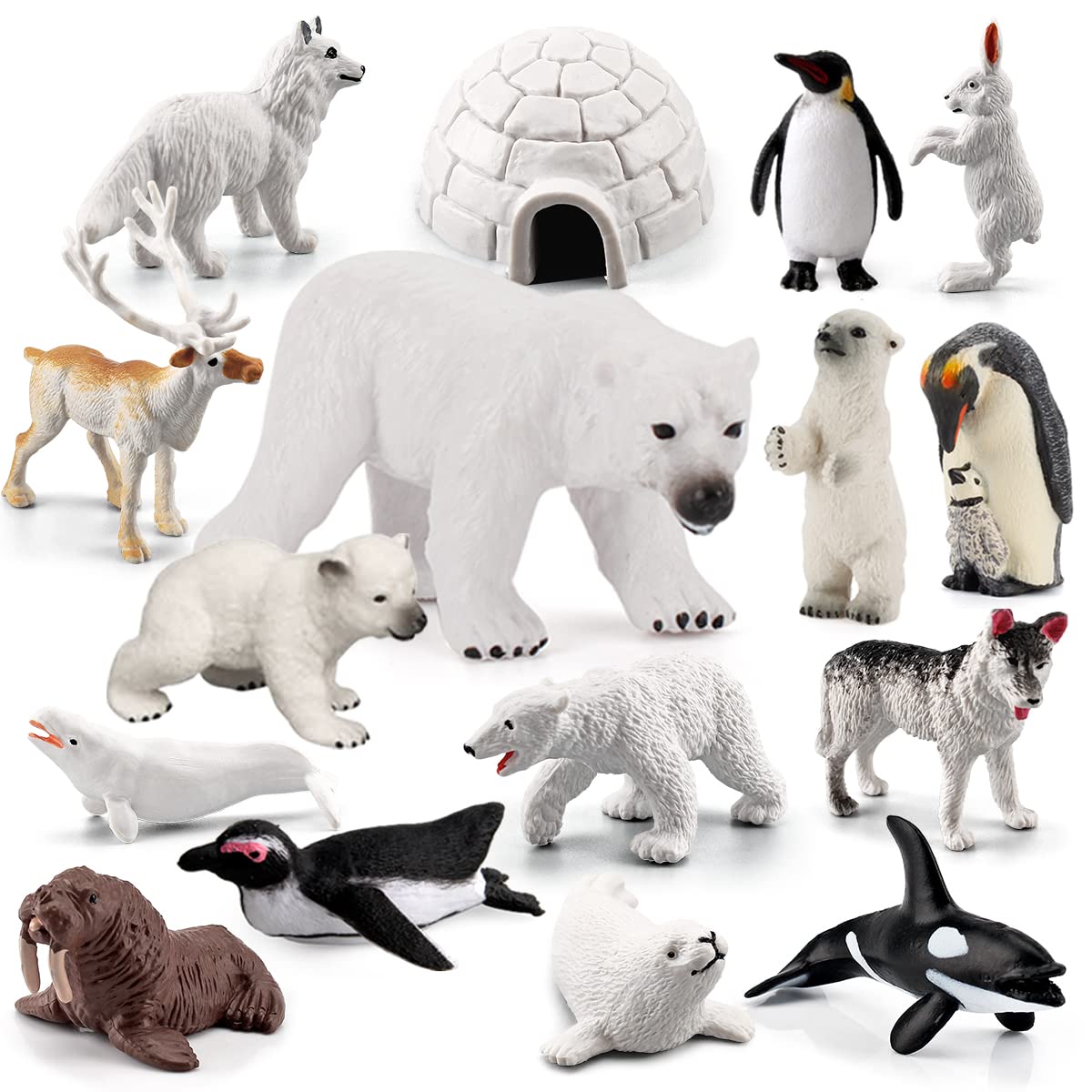 Bretoyin Arctic Animals Figurines Set 16Pcs Christmas Toy Gift Polar Bear Figurine Arctic Fox Figure Penguin Figurines Snow Mold