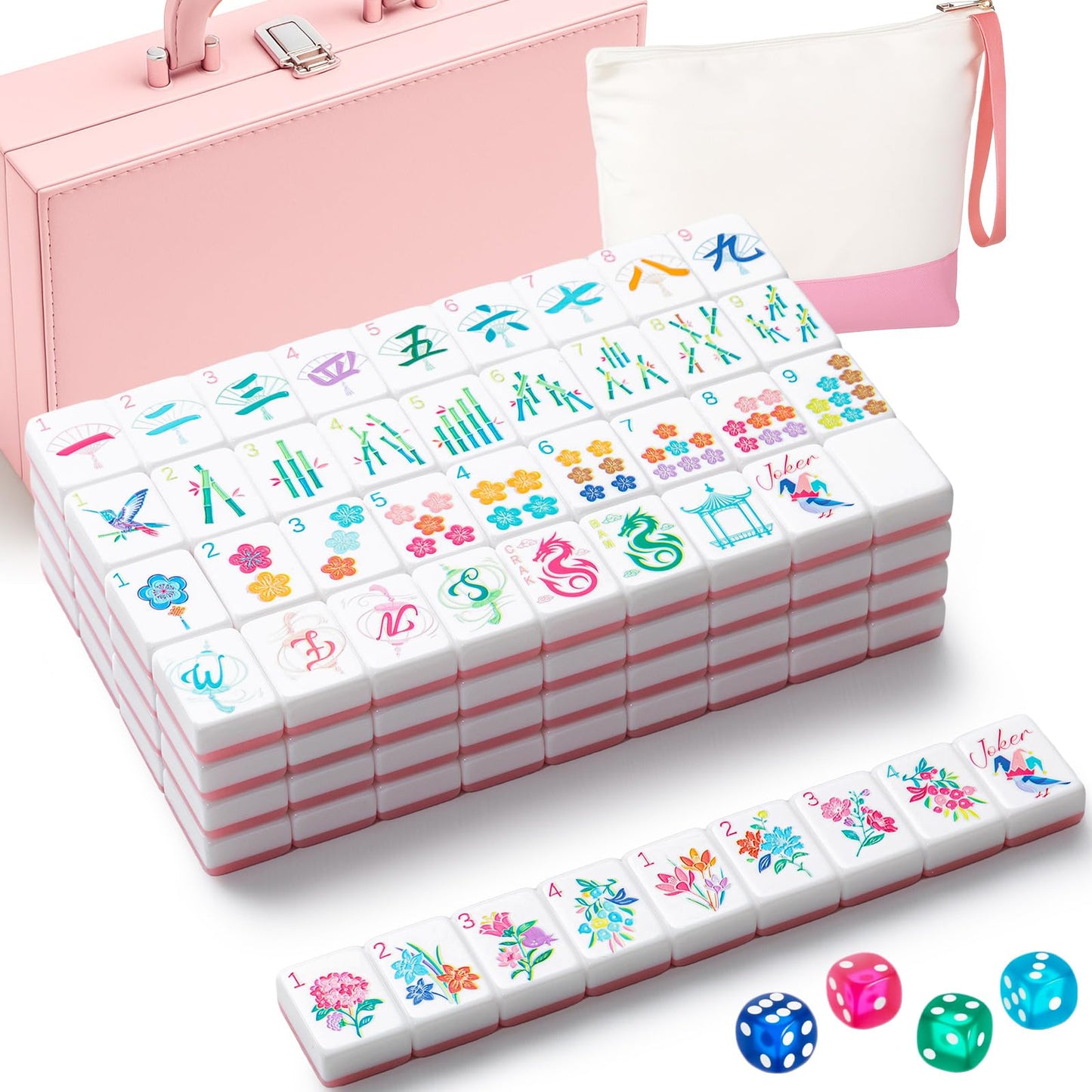 Soulchen 1.2 Inch Acrylic American Mahjong Set 168 Blossom Numbered Tiles  Tiles Bag and Portable Travel Case Classic Complete Mahjong Set for mature-themed Collection Gift(Pink)