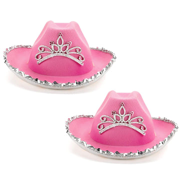 Spooktacular Creations 2 Pack Pink Cowboy Hat with Crown Blinking, Halloween Children's Pink Tiara Felt Cowboy Hats Accessories