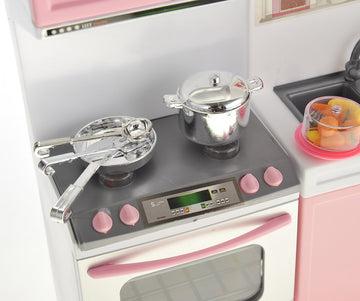 PowerTRC Doll Kitchen Play Set, Mini Modern Toy Pink Kitchen Pretend Play Furnitures Toy Set Accessories Set with Realistic Ligh