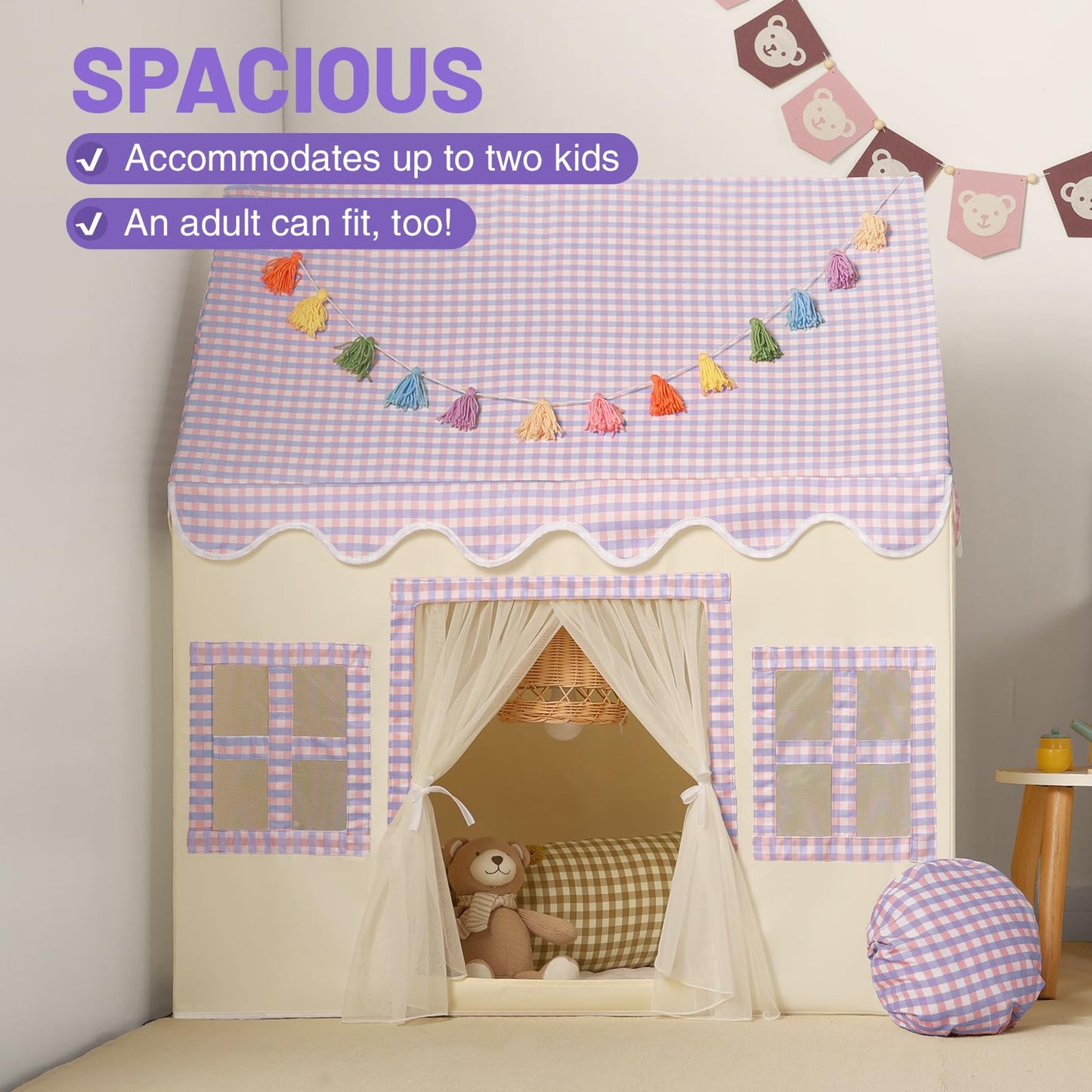 Senodeer Kids Play Tent Indoor: With Mat, Tassel Garland, Star Lights - Purple Checkered Girls Tent Playhouse For Toddlers Kids Toys For Boy Girl Birthday Gift For Kids