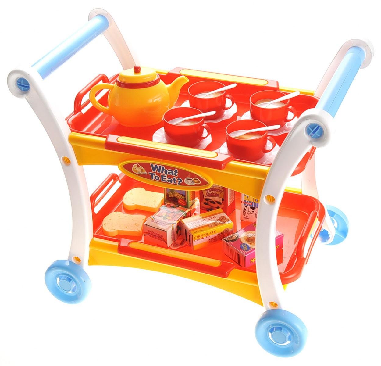 PowerTRC Tea Set Toy for Little Girls, Tea Trolley Cart w/ Tea Pots Cups Accessories, Tea Party Kitchen Pretend Play Set Gifts f