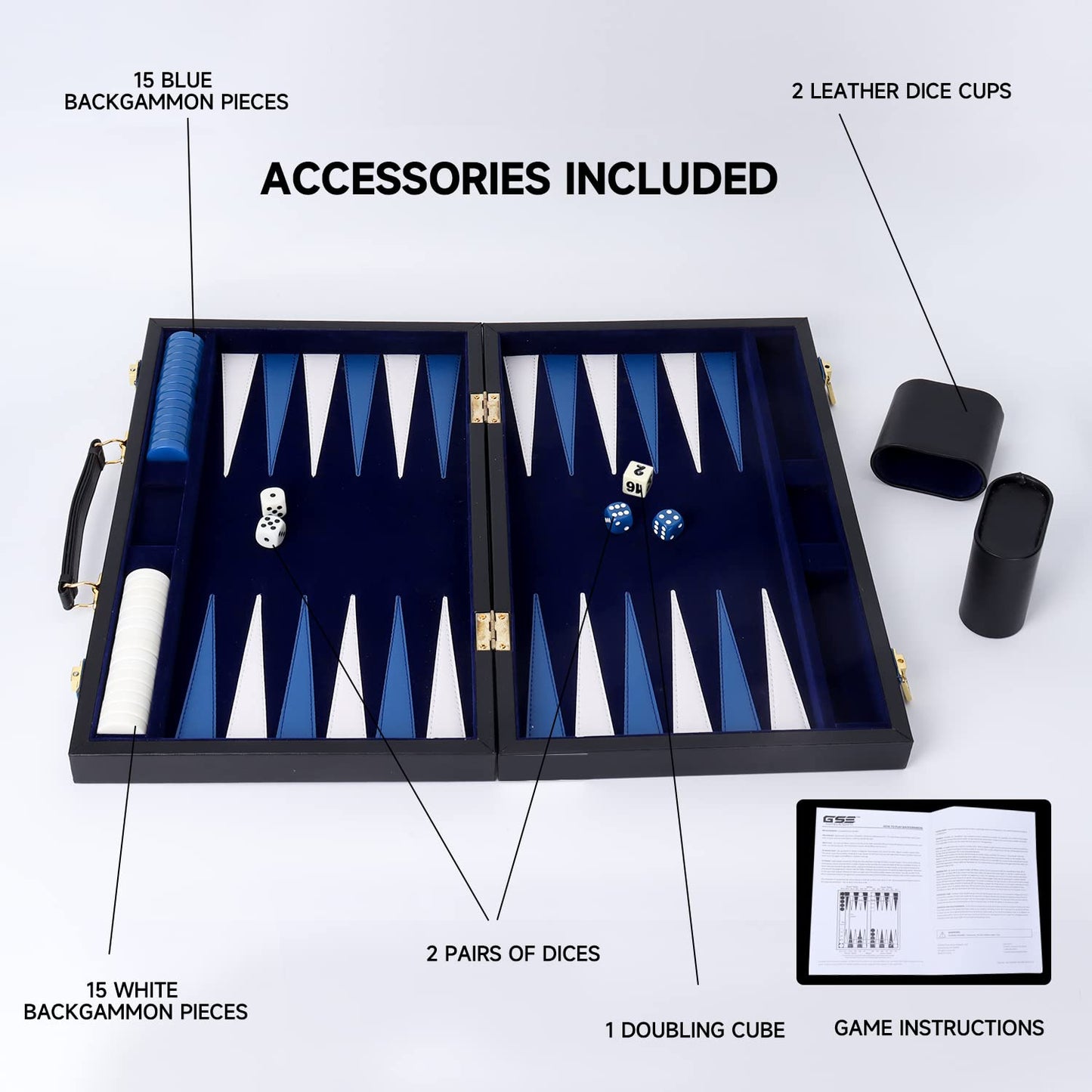 GSE Games & Sports Expert enhanced Leather Backgn Board Game Set  Classic Backgn Game Set with Leather Case  Travel Folding Board Game (Black&Blue  Large)