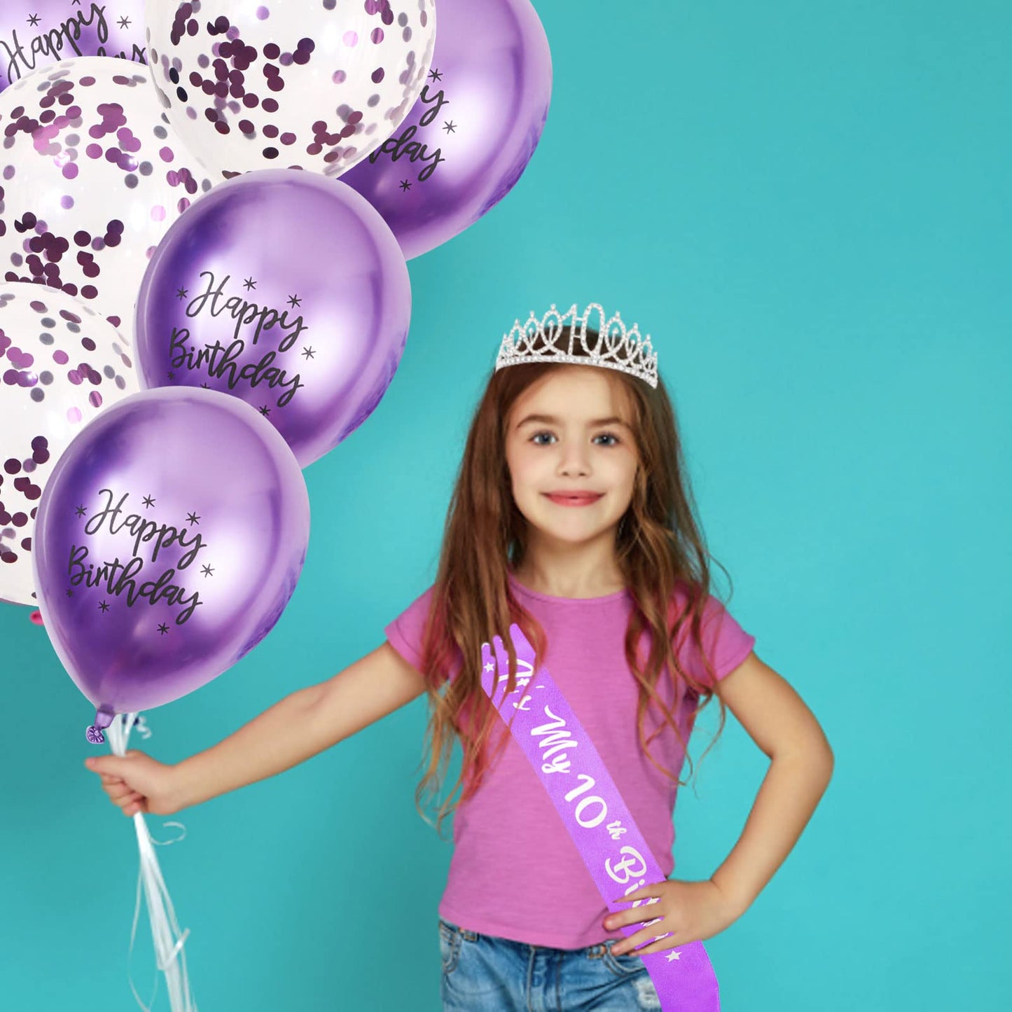 Lavender and Silver 10th Birthday Package: Glitter Sash, Crown, Foil Balloons & Latex Balloons