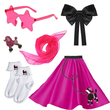 1950S Girls Poodle Skirt Dress Up Kit, Bobby Sock,Chiffon Scarf, 50S Costume Outfit For Kids Toddler (Hot Pink, 7-10 Yrs)