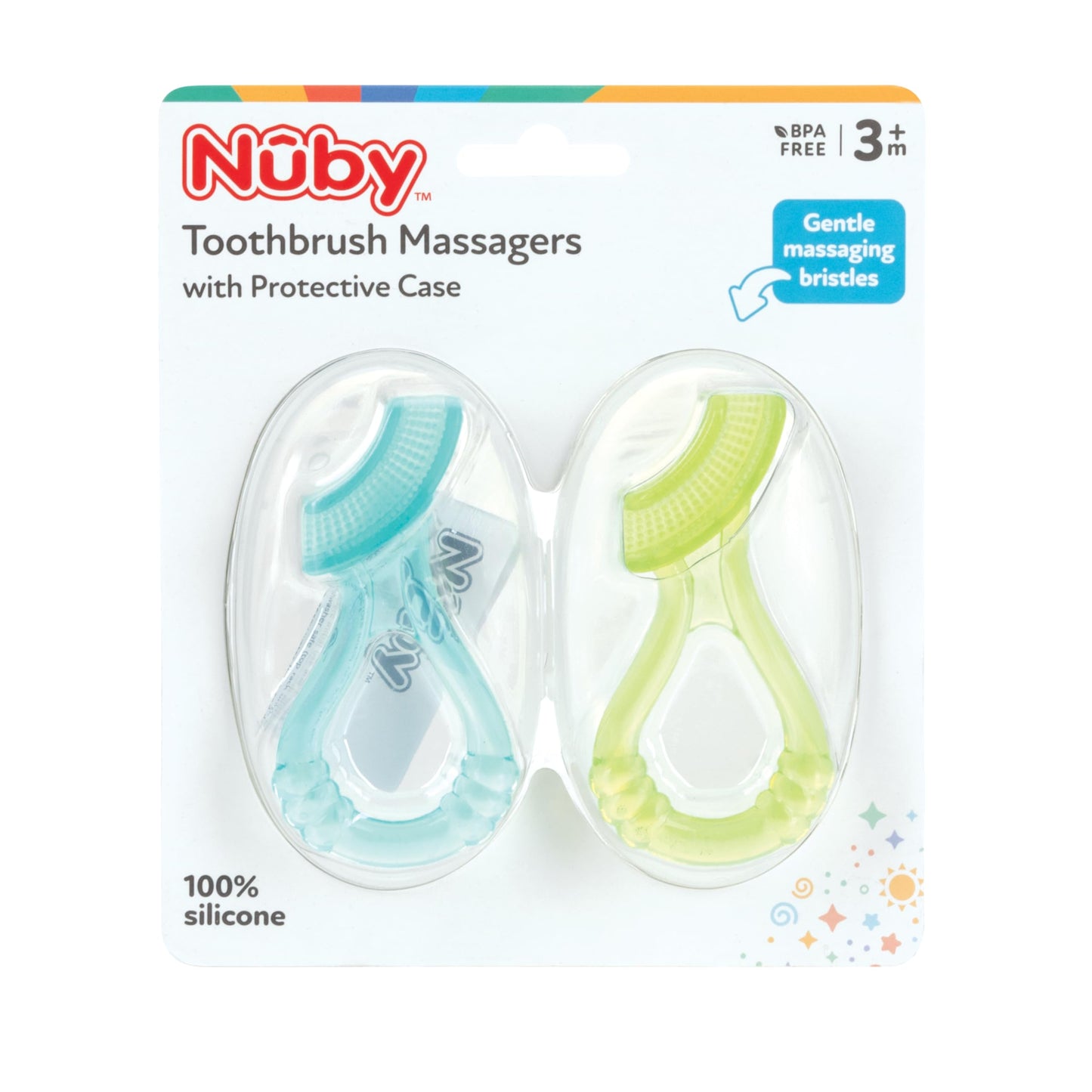 Nuby Soft Silicone Gum Massager With Hygienic Case, 2-Pack, 3 M+