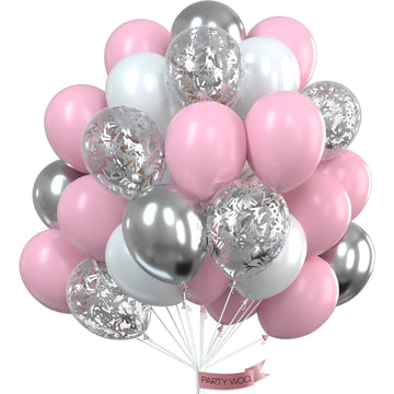Partywoo Pink Balloons Set, 60 Pcs Pink And White Balloons, Silver Metallic Balloons, Silver Confetti Balloons, Party Balloons, Latex Balloons, Birthday Party Decorations, Pink Party Decorations