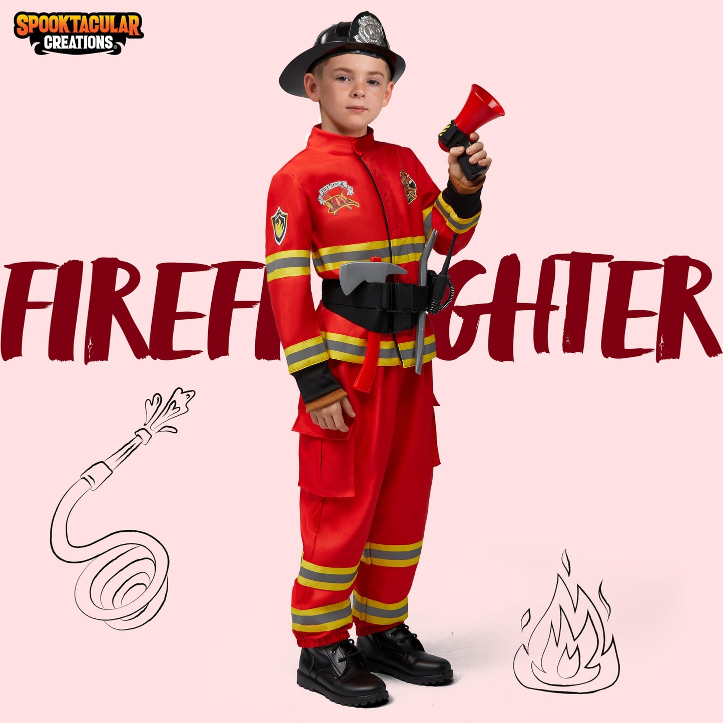 Spooktacular Creations Halloween Firefighter Costume for Kids  Boys Fireman Costume Set  Red Firefighter Roleplay Accessories for Toddler Dress-up and Career Cosplay Party (3T  3-4 yrs)