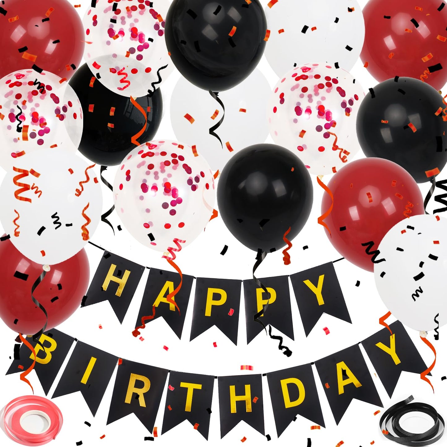 Happy Birthday Banner, Red Birthday Decoration, 16 Pcs 12 Inch Happy Birthday Balloons With 2 Ribbons For Men Women Girls And Bo
