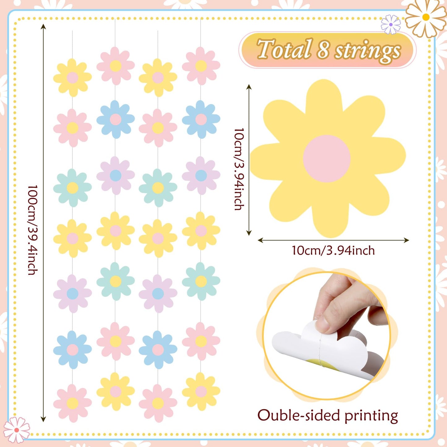 Pasimy 8 Pcs Daisy Boho Party Decorations Groovy Daisy Paper Garlands White Flower Hanging Garland Banner Hippie Flower Cutouts