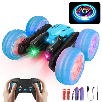 Deeak Remote Control Car - Upgraded RC Stunt Cars Toys with Cool Font Lights, Double Sided 360Rotating 4WD Drift Car with Headli