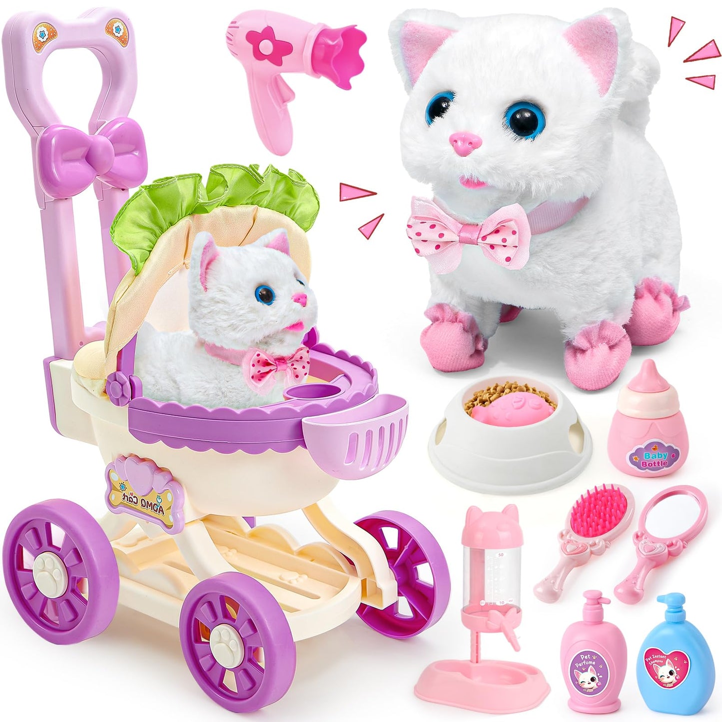 G.C Cat Toys For Kids Girls, Electronic Interactive Stuffed Cat Walk Meow And Wag Tail With Stroller Pet Care Accessories Toys P