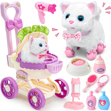 G.C Cat Toys For Kids Girls, Electronic Interactive Stuffed Cat Walk Meow And Wag Tail With Stroller Pet Care Accessories Toys P