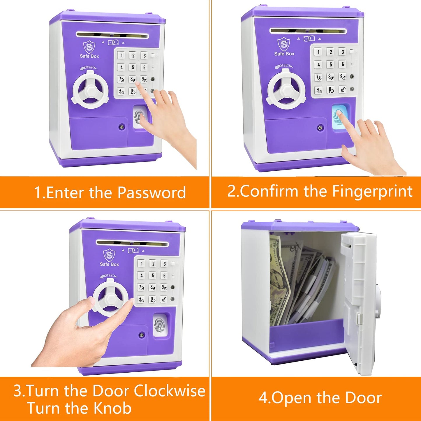 Toy Safe Box, Electronic Atm Piggy Bank, Money Coin Savings Bank, Finger Print Scanner Lock, Great Gift For Children Kids (Purpl